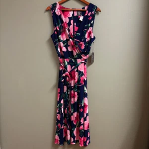 Vince Camuto Women Midi Dress Sz 14 Faux Wrap Tie Stretch Floral Spring Wedding - Picture 1 of 13