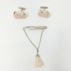 Mens Vintage Natural Pink Quartz Stone Cufflinks and Tie Bar Clip Set Jewelry - Picture 1 of 6