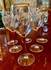 Bormioli Wine Glasses with Amber Stem White Flowers 6 - Picture 1 of 7