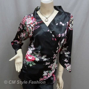 Yukata Kimono Design Silky Satin Wrap Tie Top Black S/M/L/XL/2XL/3XL - Picture 1 of 5