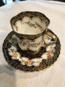 Crown Staffordshire England Cobalt Gold Floral Demi Cup and Saucer - Picture 1 of 4