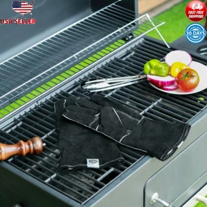 14" Heat Resistant Leather BBQ Gloves Insulated Grill BBQ Oven Welding Soft New - Picture 1 of 4