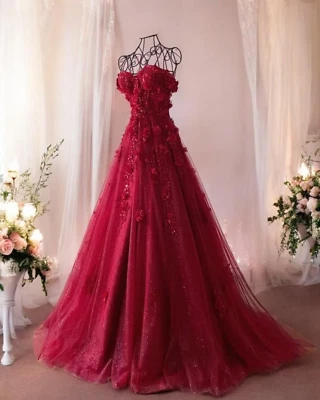 Vestidos de noiva princesa 3D flor doce linha A tule feitos à mão roxo nupcial - Imagem 1 de 4