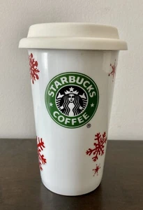 Bicchiere Starbucks Fiocco di Neve Rosso Tazza Alta Ceramica Vacanze Con Coperchio 2010 Come Nuovo - Foto 1 di 8