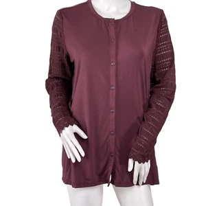 LOGO Lori Goldstein Maroon Nadine Lace Button Up Soft Cardigan Top Size Medium - Picture 1 of 10