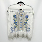 Johnny Was Womens M Noah Blouse White Blue Metal Silver Thread Embroidered NWT