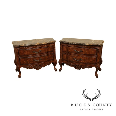 French Louis XV Style Quality Pair Marble Top 2 Drawer Nightstands Cover