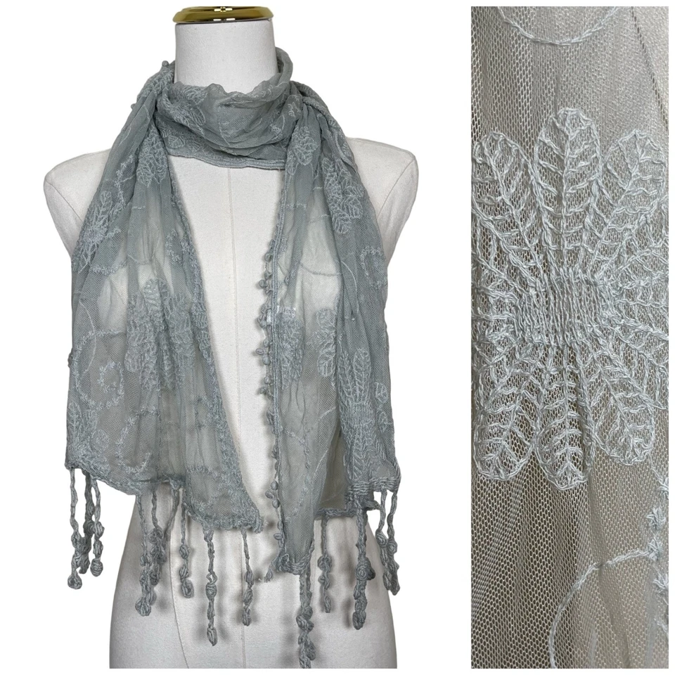 Vintage Sheer Lace Skinny Scarf Embroidered Floral Tassel Light Blue Y2K Fairy - Image 1 of 4