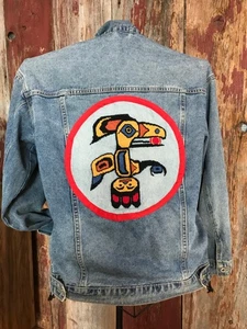 Jean Jacket w/ crossstich Totem Pole sz M....…..f - Picture 1 of 6