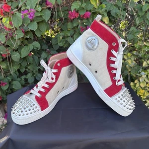 Christian Louboutin Lou Spike Orlato Flat High Top Sneaker Beige Red Sz 41 US 8 - Picture 1 of 9