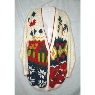 Cherry Stix 手工针织假日开衫毛衣拉米混纺大号复古 20 世纪 80 年代 — 第 1/4 张图片