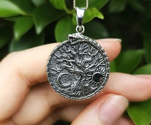 Tree of Life Pendant 925 Sterling Silver Yggdrasil Ouroboros Sun Moon Alchemy - Picture 1 of 14