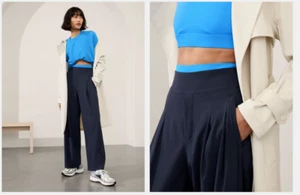 Neu mit Etikett Athleta Brooklyn Heights hoch geschnitten plissiert weites Bein Hose 8 Petite marineblau - Bild 1 von 7