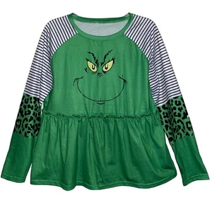 Dr Seuss The Grinch Babydoll Top Women’s Size Large Printed Face Ruffle Tier EUC - Picture 1 of 12