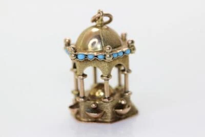 VINTAGE 14K GOLD 3D GAZEBO CHARM PENDANT 14KARAT TURQUOISE - Image 1 of 4