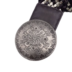 Round Floral Engraved Buckle Woven Belt Black and Silver - Picture 1 of 5