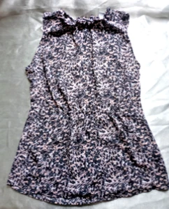 H&M Womens sleeveless blouse pink black patterend cinch waist frilled neck sz8 - Picture 1 of 3