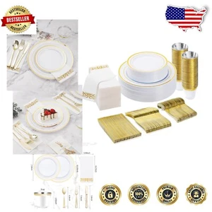 Durable Gold Rim Disposable Dinnerware Set for 100 Guests - Perfect for Events - Picture 1 of 8