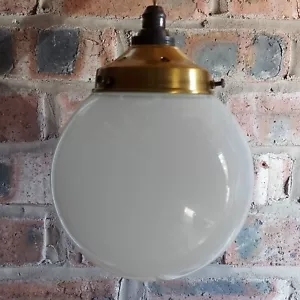 VINTAGE ART DECO OPALINE WHITE GLASS CEILING PENDANT LIGHT SHADE & BRASS GALLERY - Picture 1 of 12
