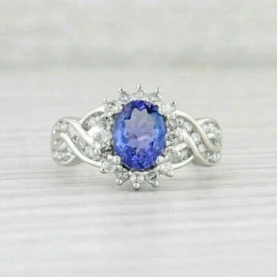 3Ct Oval Cut Lab Created Tanzanite Women Engagement Ring 14K White Gold Plated - Image 1 of 4