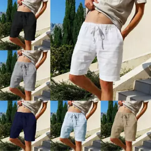 Shorts Men Summer Pants Cotton Linen Beach Drawstring Breathable Pockets S - 3XL - Picture 1 of 15