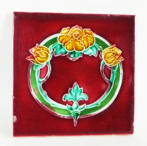 Original Antique High Relief Majolica Art Nouveau Tile T & R Boote circa 1900s Cover