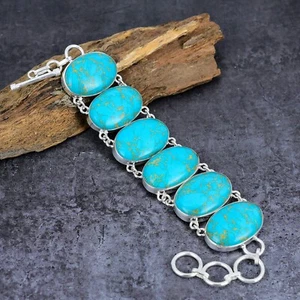 Gorgeous Blue Turquoise Gemstone Handmade 925 Sterling Silver Jewelry Bracelet - Picture 1 of 5