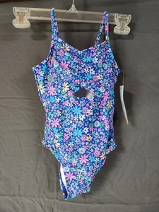 Cat & Jack girls XS (4/5) one piece bathing suit - Blue w/Flowers NWT -UPF 50+ - Picture 1 of 2