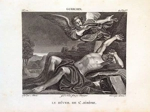 IL RISVEGLIO DI S. GIROLAMO Incisione origin. XIX sec. RELIGIOSE SANTI GUERCINO - Picture 1 of 1