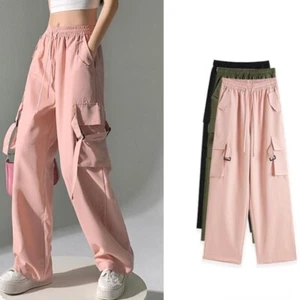 Women Cargo Pants Trousers Pocket Loose Wide Leg High Waist Drawstring Thin - Picture 1 of 12
