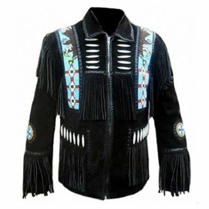 Men Western American Cowboy Suede Leather Jacket With Fringe & Beaded & Black - Picture 1 of 4
