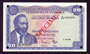 Kenya P-8S. 1st July 1969 20 Shilingi - SPECIMEN. Red Overprint - Punch cancels - Picture 1 of 2