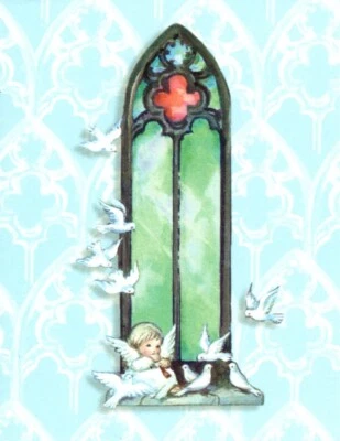 Tarjetas de felicitación Feliz Navidad Ángel Gabriel Paloma Blanca Vitral Ventana Foto 1 de 3