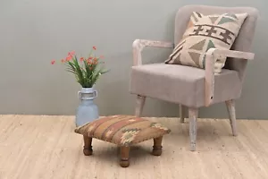 Handcrafted Acacia Wooden Footstool | Low Kilim Upholstered Footstool Ottoman | - Picture 1 of 5