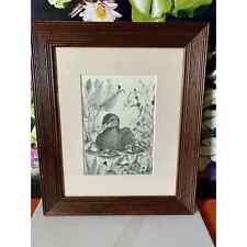 Hen black duck and brood print Maine marsh framed pen and ink Downeast art