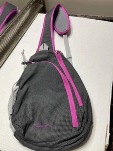 NWOT Eddie Bauer Cross Body Sling Backpack Zippered Pockets Black - Purple Trim - Picture 1 of 11