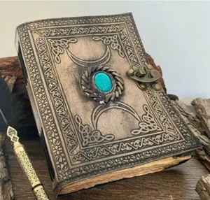 leather journal Triple Moon Goddess Spell Book book of Shadows Grimoire Deckle - Picture 1 of 2