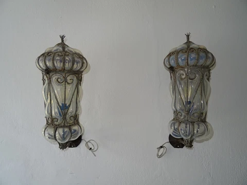 ~Venetian Murano Blown Glass Opaline Lanterns Metal Scroll Caged Sconces, c1800~ Cover