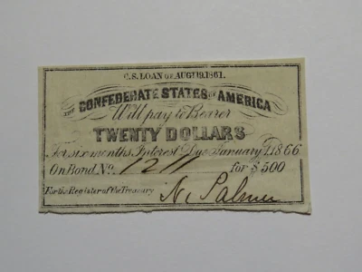 $20 1861 Confederate Bond Coupon Certificate Currency Bank Note Bill UNC - Image 1 of 2