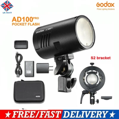 Flash tascabile Godox AD100Pro 100 Ws TTL HSS + staffa S2 per Sony Nikon Canon UK