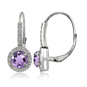 Sterling Silver Amethyst and White Topaz Round Leverback Earrings - Picture 1 of 4