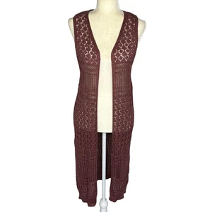 Boho Crochet Duster NWT Medium Festival Moral Fiber Open Front Pink Long Vest - Picture 1 of 8