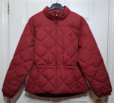 Ariat Womens Down Jacket Size M Quilted Floral Lining Cinch Waist Red Equestrian - Image 1 of 4