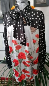 maloo Satin Schluppen Schleifen Bluse Schalkragen Gr. D46 weiß schwarz rot grün - Bild 1 von 6