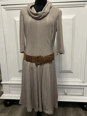 复古 Robbie Bee Western Cowl 领米色毛衣连衣裙 带腰带 Y2k 波西米亚 SZ L — 第 1/4 张图片