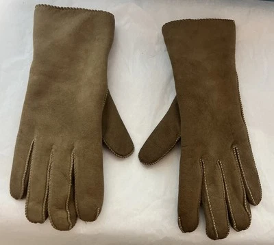 Vintage Grandoe Suede Cashmere Gloves Size M Brown Fleece Lined For Showtime - Image 1 of 4