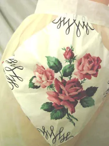 Vintage 50s 60s Apron Polished Cotton ROSE CHINTZ Sheer Hostess Half - Foto 1 di 5