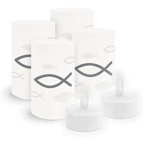 6x Windlicht Fisch grau inkl LED Licht Kerze Kommunion Taufe Konformation Set - Bild 1 von 2