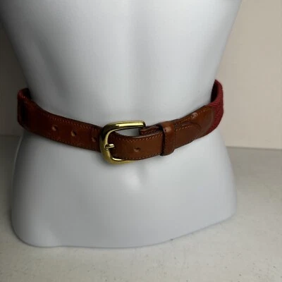 Vtg Talbots Womens Belt Red Medium Stretch Braided Elastic 1-3/8" Brown Leather - Image 1 of 4