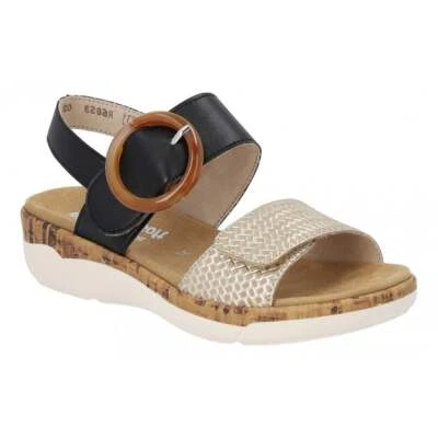 Remonte By Rieker R6853-02 Ladies Metallic Black Leather Touch Fastening Sandals